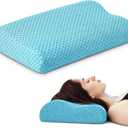 Neck Pillow for Sleeping, Travel Pillow, Camping Pillow, Ergonomic Memory Foam Compressible Medium Firm, Ideal for Home, Bedroom, Office and Camping (Light Blue, M) (M-17.7x12x4/3 In)