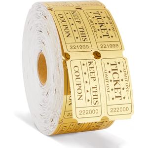 1000 Golden Raffle Tickets Double Roll Tickets for Events, Classroom Reward, Carnivals, Family Games, Door Prizes, Entry, Bingo, Auction, Metallic Gold Foil Tickets