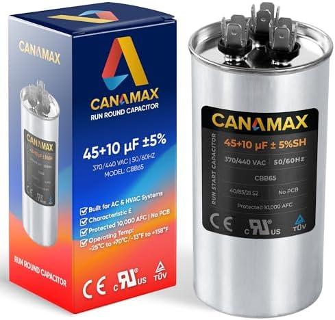 [Upgraded 2025] Canamax 45+10 uf ± 5% MFD 370 Or 440V Round Run Capacitor - Compatible with Air Conditioner 50/60Hz for AC Motor Run or Fan Start and Cool or Heat Pump Air Conditioner