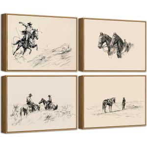 4Pcs Framed Western Cowboy Canvas Wall Art Vintage Neutral Western Painting Picture Wall Decor Black White Sketch Poster Print Artwork for Farmhouse Bedroom Gallery Living Room Home Decoration 8x10in