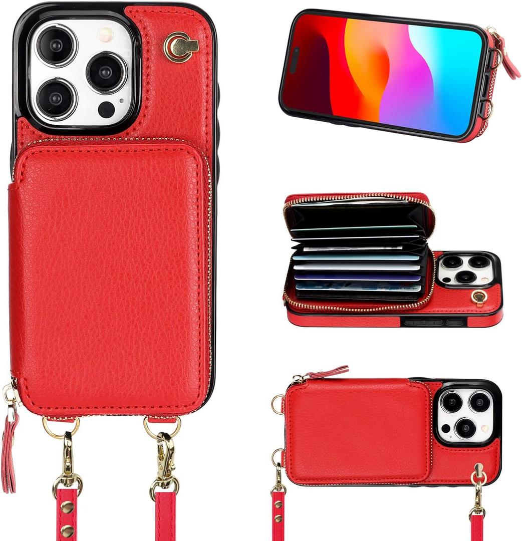 Bocasal Crossbody Wallet Case for iPhone 15 Pro, RFID Blocking Leather Purse Case with Card Holder, Protective Handbag Flip Cover with Zipper Wrist Strap Lanyard for Women 5G 6.1 Inch (Red)