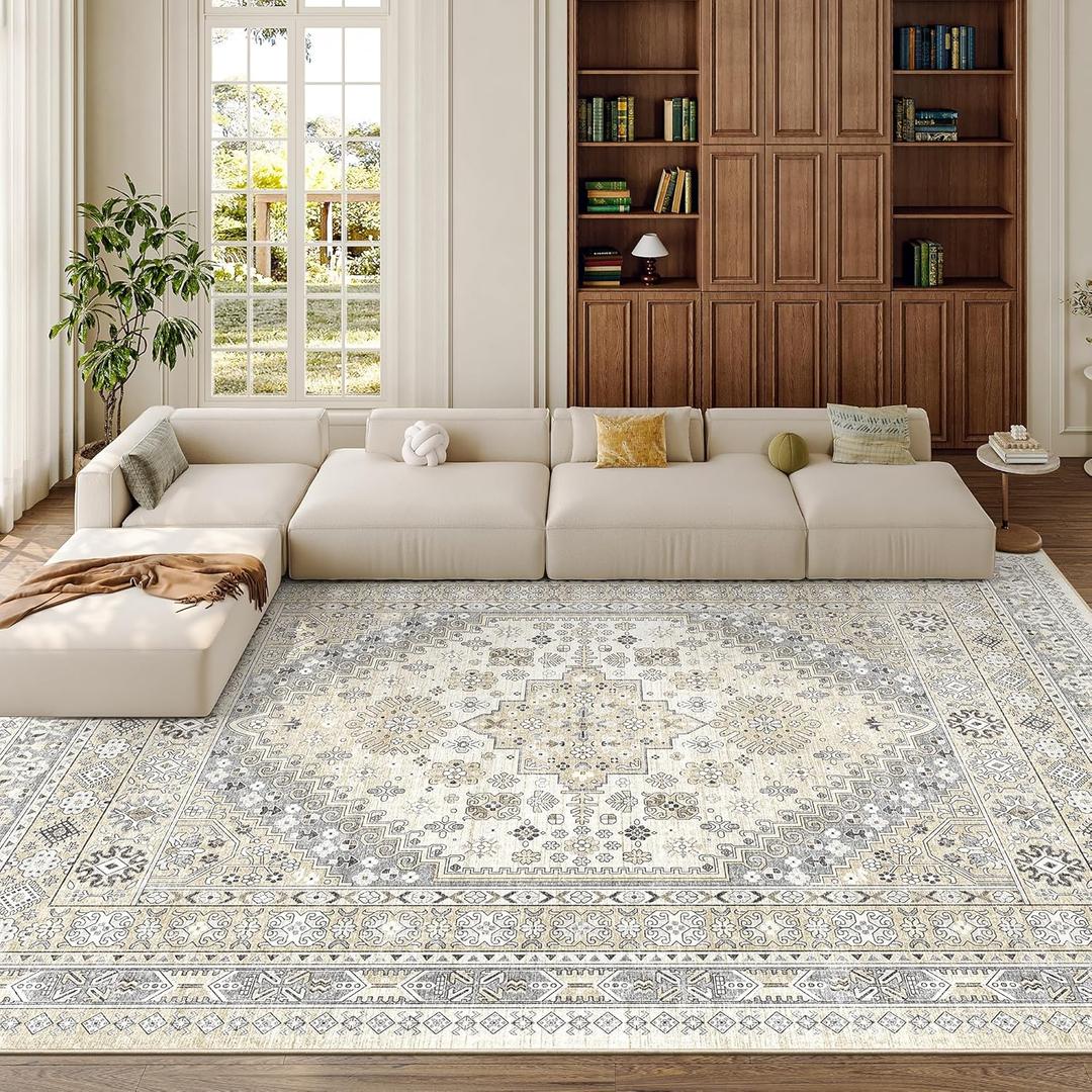 Zesthome 8x10 Area Rugs for Living Room, Non-Slip Backing Washable Rugs, Vintage Large Area RugStain Resistant Home Decor Rug (Beige, 8'x10')