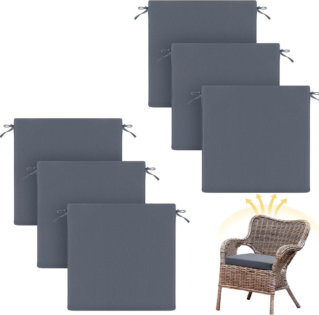 Patelai Outdoor Dining Chair Cushions Set of 6 Fade Resistant 17 x 17 Inches Waterproof UV Resistant Outdoor Seat Cushions for Patio Furniture Square Corner Set of 6 with Ties(Dark Gray)