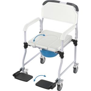 Bedside Commode Chair with 4 Lockable Wheels, 3 in 1 Wheelchair for Bathroom, Portable Toilet with Arms, Padded Seat, Footrests, Backrest for Elderly, Disabled Handicap & Seniors