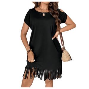 WDIRARA Women's Plus Size Round Neck Short Sleeve Fringe Hem Dress Casual Dresses Black 3XL 