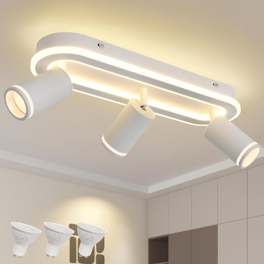 LED 3 Light Track Lighting Spotlight Kit, White Ceiling Spotlights, Modern Track Light Fixture with Flexibly Rotatable Light Heads, 35W+15W Dual Lighting for Kitchen Living Room,Includes 3 x GU10 Bulb