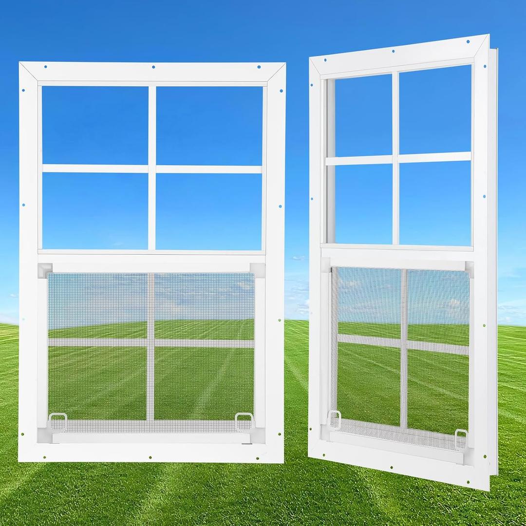 18" x 27" Shed Windows 2 Pack, Small Sliding Window with Tempered Glass & Metal Mesh Screen, Flush Mount Windows for Shed Chicken Coop Barn Household Garage Basement Cabin Playhouse