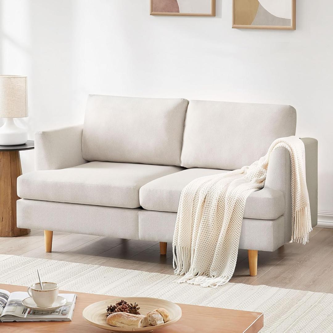 BFD Small Loveseat Sofa Couch, 65" Mid Century Modern Love Seat Couches for Living Room, Extra Deep 2-Seat Small Sofa Furniture for Small Spaces Apartment, Dorm, Office, Beige(Missing legs)
