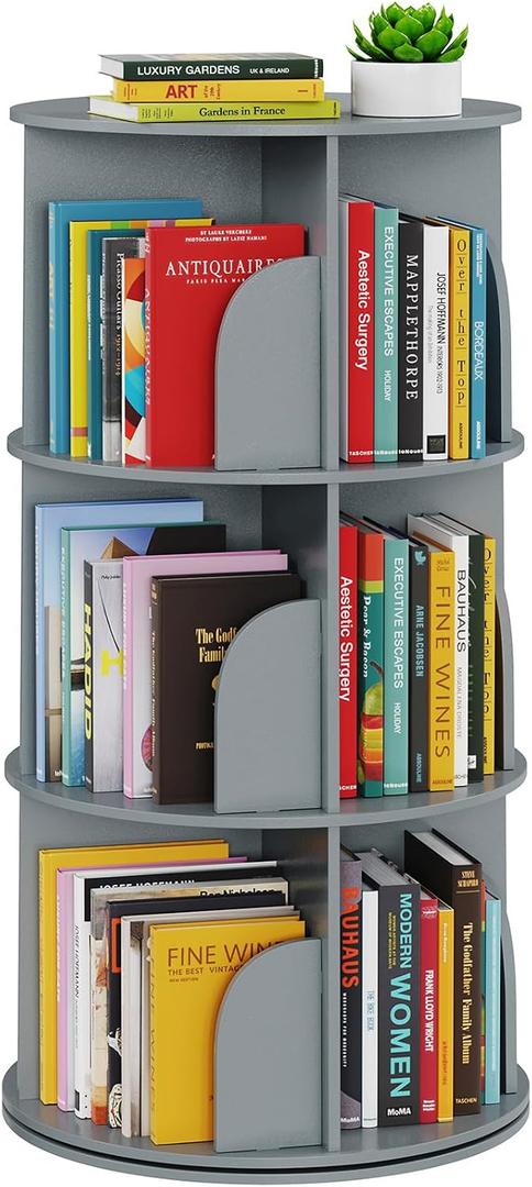 SpaceAid 3 Tier Rotating Bookshelf Tower, Spinning Bookcase Lazy Susan, Revolving 360 Book Shelf Storage Round Carousel, Vertical Rotate Turning Spiral Corner Organizer, Gray, 3 Tier, 37.8" H