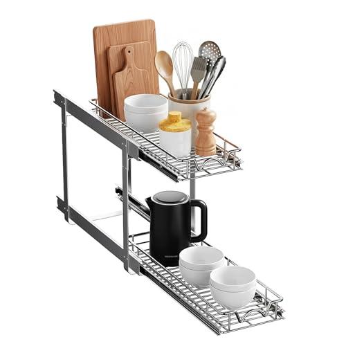 2-Tier Pull-Out Cabinet Organizer with Heavy-Duty Steel Frame, Full-Extension Sliding Shelves, Holds 100 lbs, Easy Install for Kitchen, Pantry & Under Sink Cabinets, 8" W x 21”D x 16.5" H