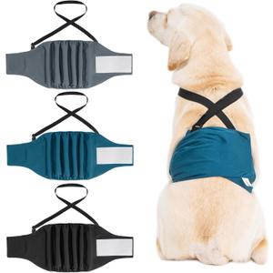 3 Pack Avont Male Dog Belly Band with Suspenders, Reusable Boy Doggie Diaper with Harness, Escape Proof, Non-Slip, Washable Doggy Pee Wraps for Small Medium Large Dogs (XS, Black/ Dark Grey/ Navy Blue)
