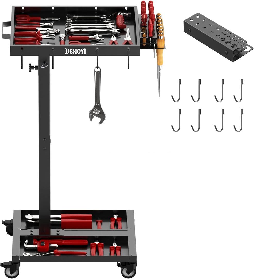 DEHOYI Adjustable Height Tool Cart with Wheels for Garage, Mechanic Rolling Tool Tray Table, Heavy Duty Metaol Tool Cart(Black)