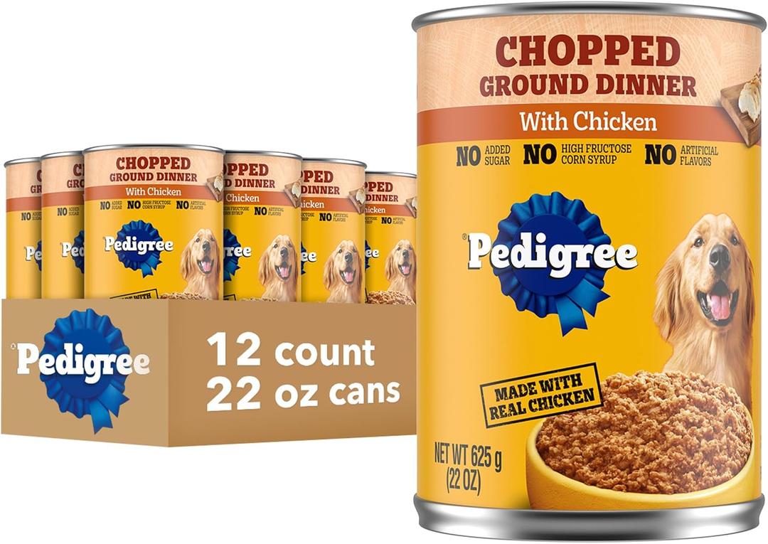 Pedigree Chopped Ground Dinner Adult Soft Wet Dog Food with Chicken, Canned Dog Food, 22 oz. Cans, 12 Count (EXP 04/05/28)