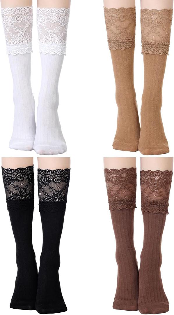 Fourluoo 4 Pairs Women's Lace Socks Calf Stocking with Lace Trim Long Knee High Stockings Lolita Boot Socks (Black, L)