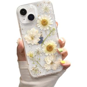 for iPhone 14 Clear Case with Pressed Real Flowers Design - Glitter Cute White Floral Pattern, Slim Soft TPU Protective Phone Cover for Women and Girls (iPhone 14, Clear White)