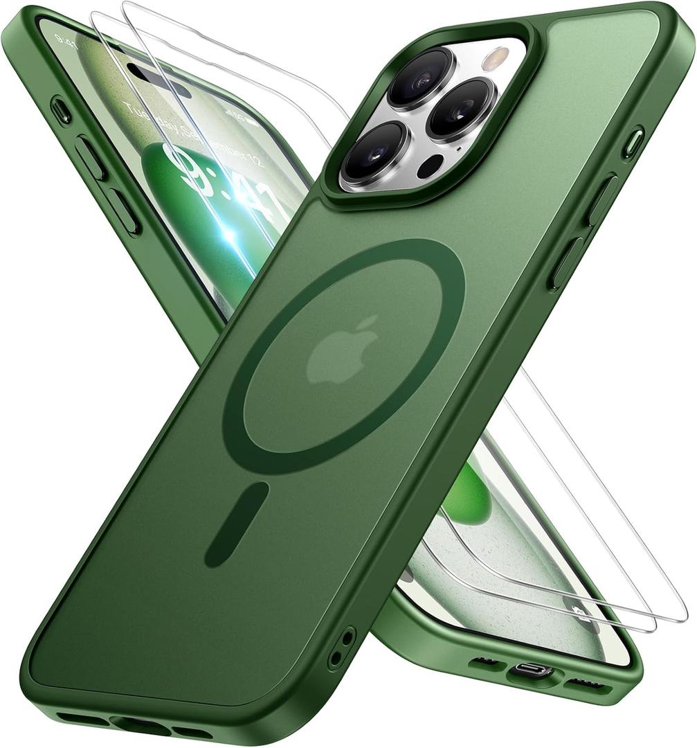 Miracase Magnetic Series for iPhone 15 Pro Max Case [Compatible with MagSafe] [with 2x Screen Protectors] Military-Grade Protection, Anti-Fingerprint, Slim Phone Case for iPhone 15 Pro Max, Dark Green (iPhone 15 Pro Max 6.7")