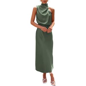 PRETTYGARDEN Women's 2025 Summer Satin Dress Elegant Sleeveless Mock Neck Cocktail Party Maxi Dresses (Army Green, Small)
