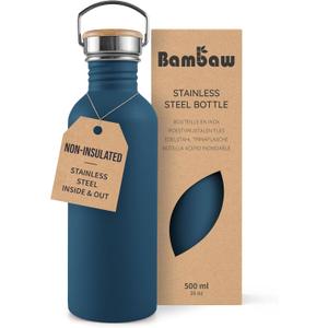 Bambaw Stainless Steel Water Bottle 16 oz, Navy Blue Sports Bottle, Non-Insulated Single Wall, Children's Small Metal Water Bottle, 500 ml, Reusable  Aegean Blue