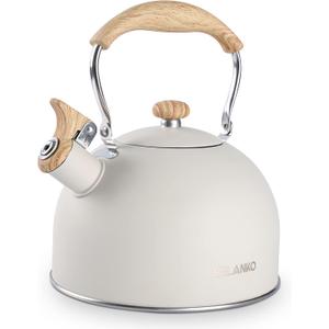 Tea Kettle, BELANKO 85 OZ / 2.5 Liter Whistling Tea Kettle Pots for Stove Top Food Grade Stainless Steel with Wood Pattern Folding Handle, Loud Whistle for Tea, Coffee, Milk - Milk White