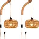 Plug in Wall Sconce,Farmhouse Wicker Wall Lamp Plug in,Hand Woven Rattan Wall Light Farmhouse Rustic Boho Sconces Wall Lighting for Living Room Bedroom (2 PACK)