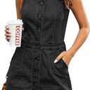 LookbookStore Women Sleeveless V Neck Button Down Frayed Hem Short Denim Dress (Medium, Black)