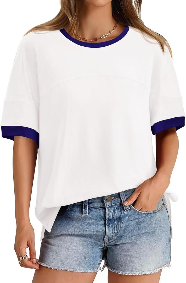 BTFBM Womens Oversized T Shirts Dressy Casual Short Sleeve Summer Tops Crew Neck Color Block Blouse Loose Fit Basic Tee (White, L) BTFBM Womens Oversized T Shirts Dressy Casual Short Sleeve Summer Tops Crew Neck Color Block Blouse Loose Fit Basic Tee (White, L)