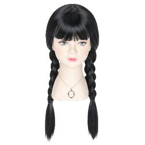 Long Black Braided Wig with Necklace for Kids Child Pigtail Wig Party Halloween Outfit