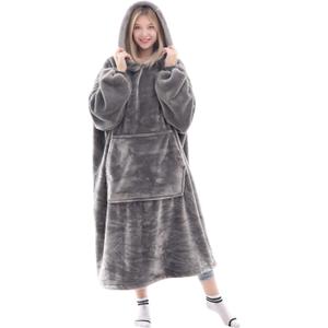 Waitu Wearable Blanket Sweatshirt Gifts for Women and Men, Super Warm and Cozy Giant Blanket Hoodie, Thick Flannel Blanket with Sleeves and Giant Pocket - Gray (Adult)