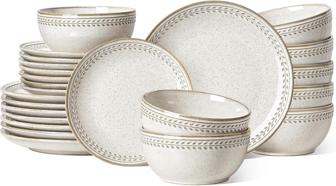 LE TAUCI 24 Piece Dinnerware Sets for 8, Large Plates and Bowls Sets, Ceramic Dishes Set for 8, Modern Stoneware Tableware, Chip Resistant, Ideal for Hosting, Reactive Beige (8"&10" Plate, 27oz Bowl)