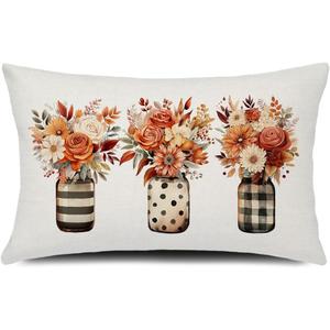GTEXT Fall Pillow Cover 12x20 inch Autumn Bouquets Floral Stripes Dots Jar Throw Pillow Cover Autumn Decor Thanksgiving Outdoor Seasonal Decorative Pillowcase Farmhouse Decor for Sofa Bed Couch