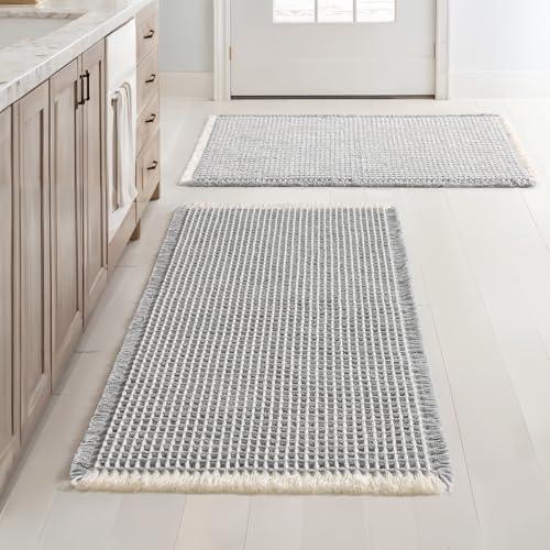 MIULEE Set of 2 Waffle Bathroom Rugs, Boho Bath Rugs Non Slip Washable, Super Absorbent Bath Mats, Ultra Soft Rubber Backed Shower Mats for Bathroom Floor, Tub, Light Grey & Cream, 18x30 Inch