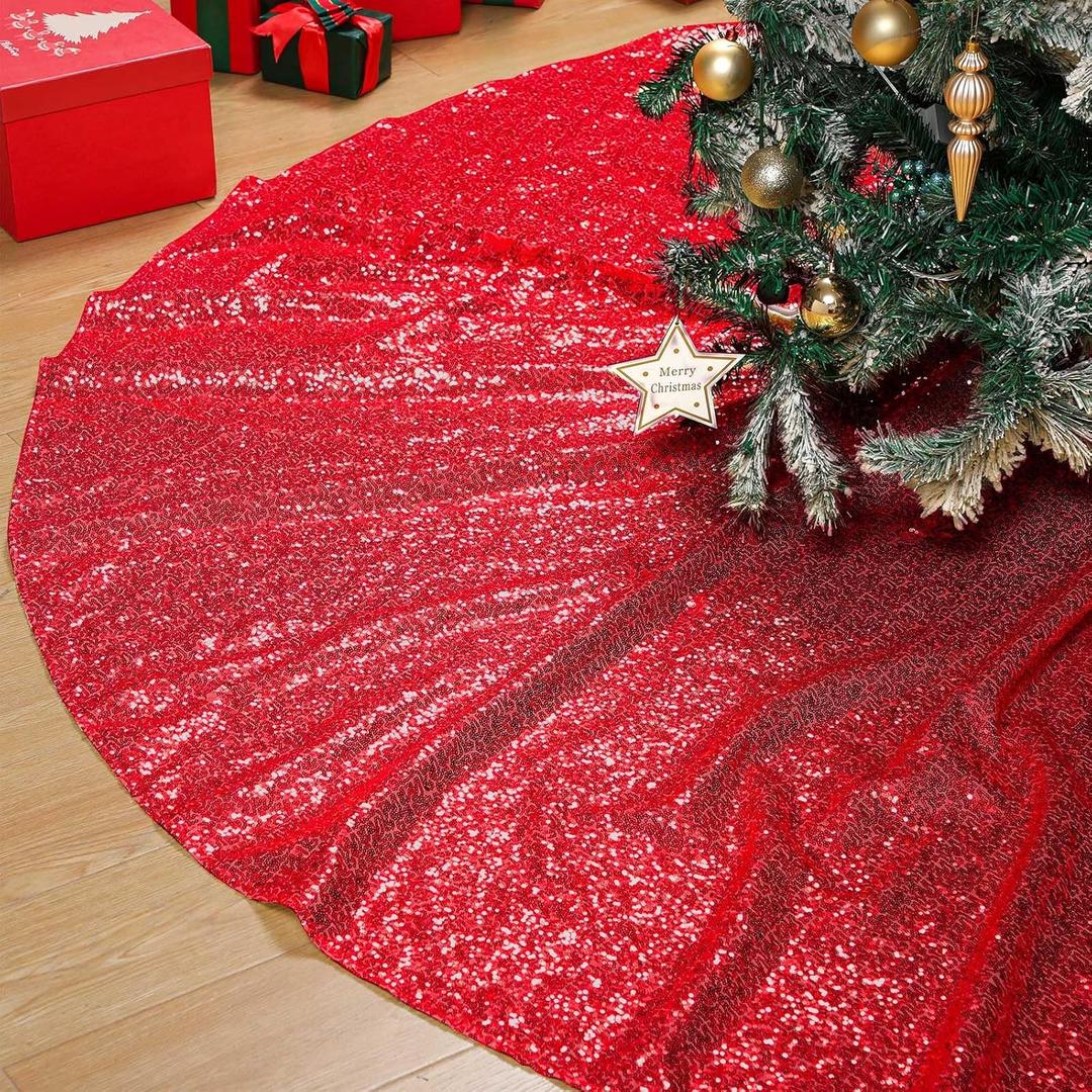 Libima 84 Inch Red Large Christmas Tree Skirt Oversized Sequin Xmas Glittery Round Gorgeous Ornaments Skirts for New Year Holiday Party, Red 