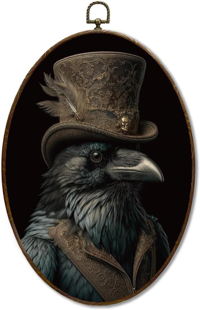 LMMHIOPI Victorian Gentleman Raven Oval Wall Art, Gothic Animal Portrait Style Canvas Print Decor for Living Room Study Library, 8.5x11.5 Inch