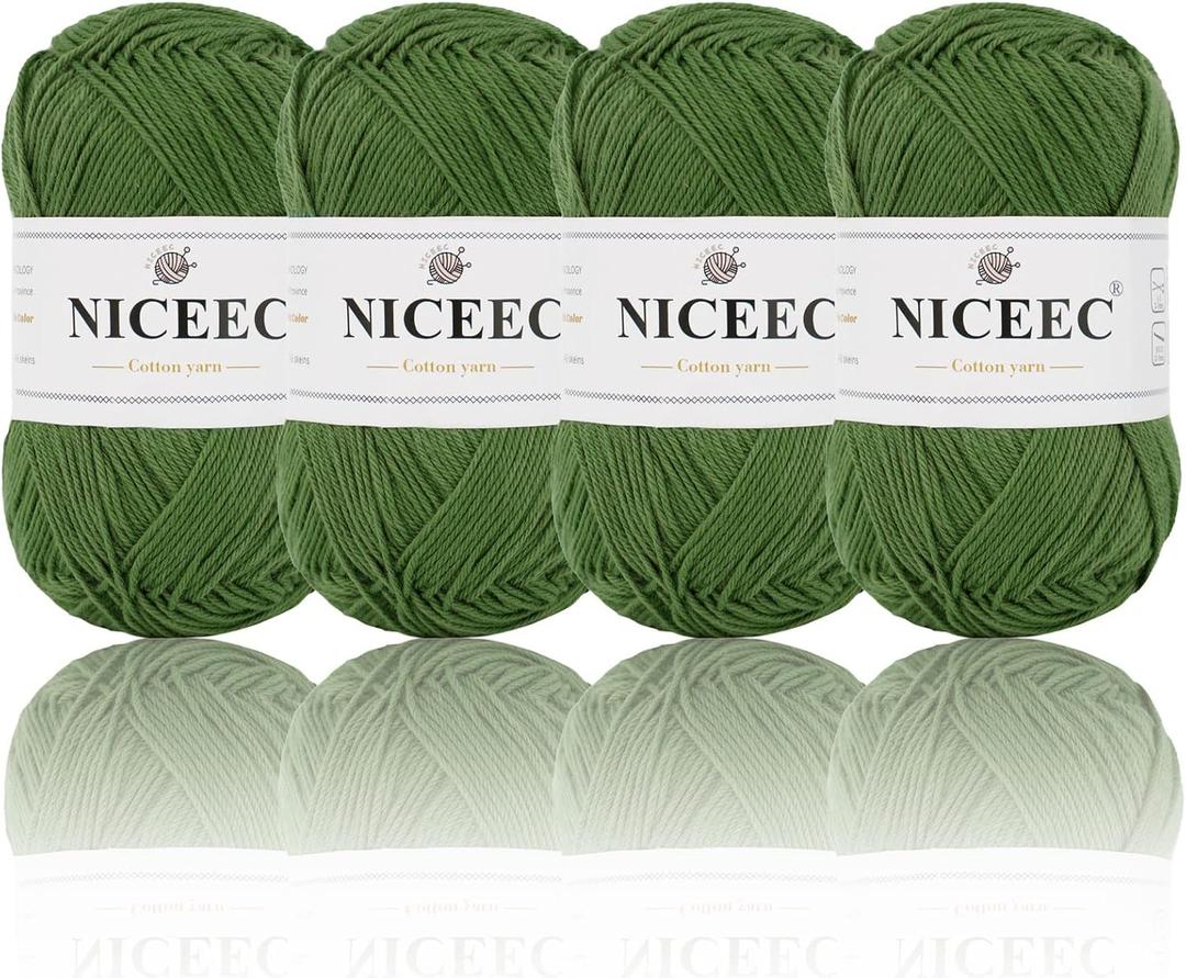 NICEEC 4 Skeins Soft Baby Cotton Yarn, 4 Ply, DIY Craft, Fingering Weight, Blanket Yarn for Crochet & Knitting, Total 700yds/7.05oz - Warm Green