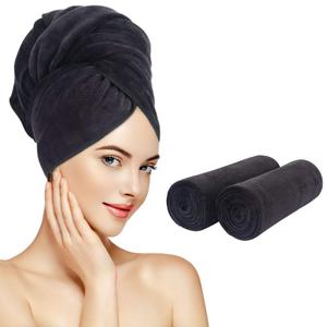 SUNLAND Microfiber Hair Towels Anti Frizz Hair Drying Towel Super Absorbent Fast Drying Turbans for Wet Curly Hair Soft Hair Towel Wrap with Elastic Band for All Hair Types 40 X 20 inches 2Pack Black