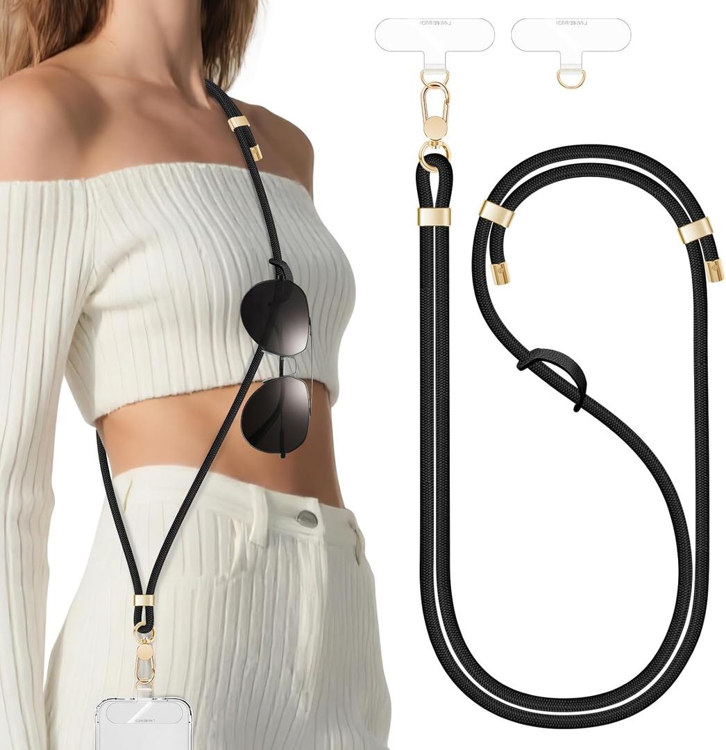Phone Lanyards For Around The Neck, Crossbody Cell Phone Strap with Premium Metal Buckles Universal Neck Strap Holder with Clear Phone Patches For All Smartphones-Black