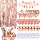 Rose Gold 16th Birthday Party Decoration Kit - Happy Birthday Banner, Fringed Curtain, Latex Balloons and Confetti Balloons for Girls' Party Supplies (40pcs)