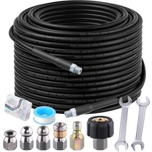 Sewer Jetter Kit 100FT for Pressure Washer 5800PSI Drain Cleaner Hose 1/4" NPT Corner Rotating and Button Hose Sewer Jetting Nozzle Waterproof Tape Pearl Corsage Pin with 2 Spanner