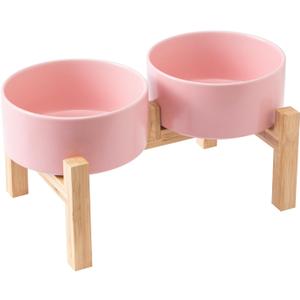 Raised Ceramic Dog Bowl Set - Elevated Dog Bowls with Non Slip Bamboo Stand, Food and Water Bowl Set for Small and Medium Breed Dogs, Pet Bowls, Weighted Dogs Dishes (6'', 2 * 30OZ, Pink)