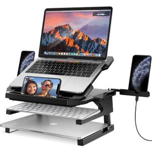 AboveTEK Laptop Stand, 20 Angles Two-Layer Height Adjustable Laptop Stands, Portable Laptop Riser with 360 Rotating Base Storage Space & Extra Phone Holders Compatible with 10''-17'' Laptops Black