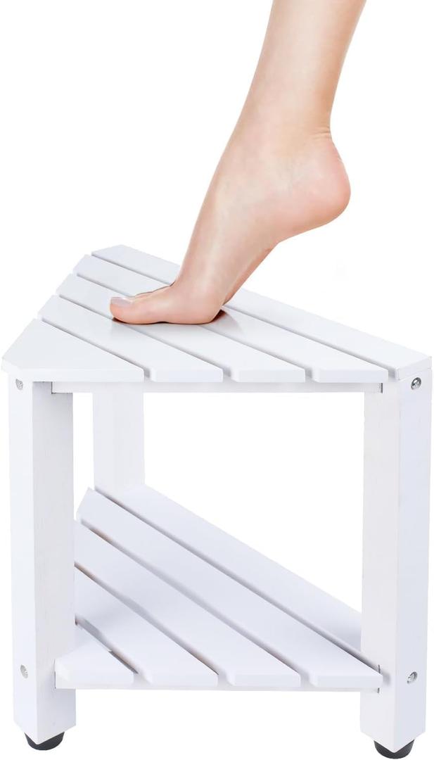 Shower Foot Rest 13 in, Bamboo Shower Stool for Shaving Legs,Corner Bath Shower Bench with Starage Shelf for Inside Small Shower Spaces-White