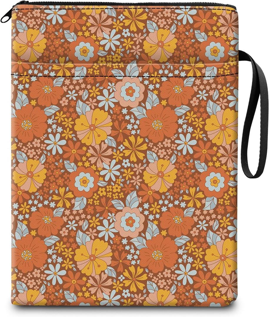 Book Sleeve for Book Lovers Gifts, Cute Book Pouch Book Protector with Zipper and Front Pocket BookCover Case for Women Men Reader Book Accessories Orange Boho Flowers