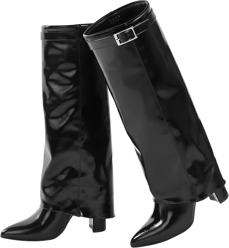 Ankis Fold Over Knee High Boots for Women Chunky Heels Pointed toe with Side Zipper Long Tall Boots 8
