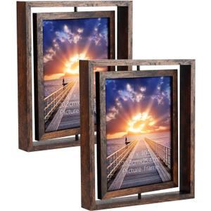 EXYGLO 2 Pack 8x10 Rustic Rotating Floating Picture Frames, Photo Frames for Vertical or Horizontal Tabletop Display, Brown