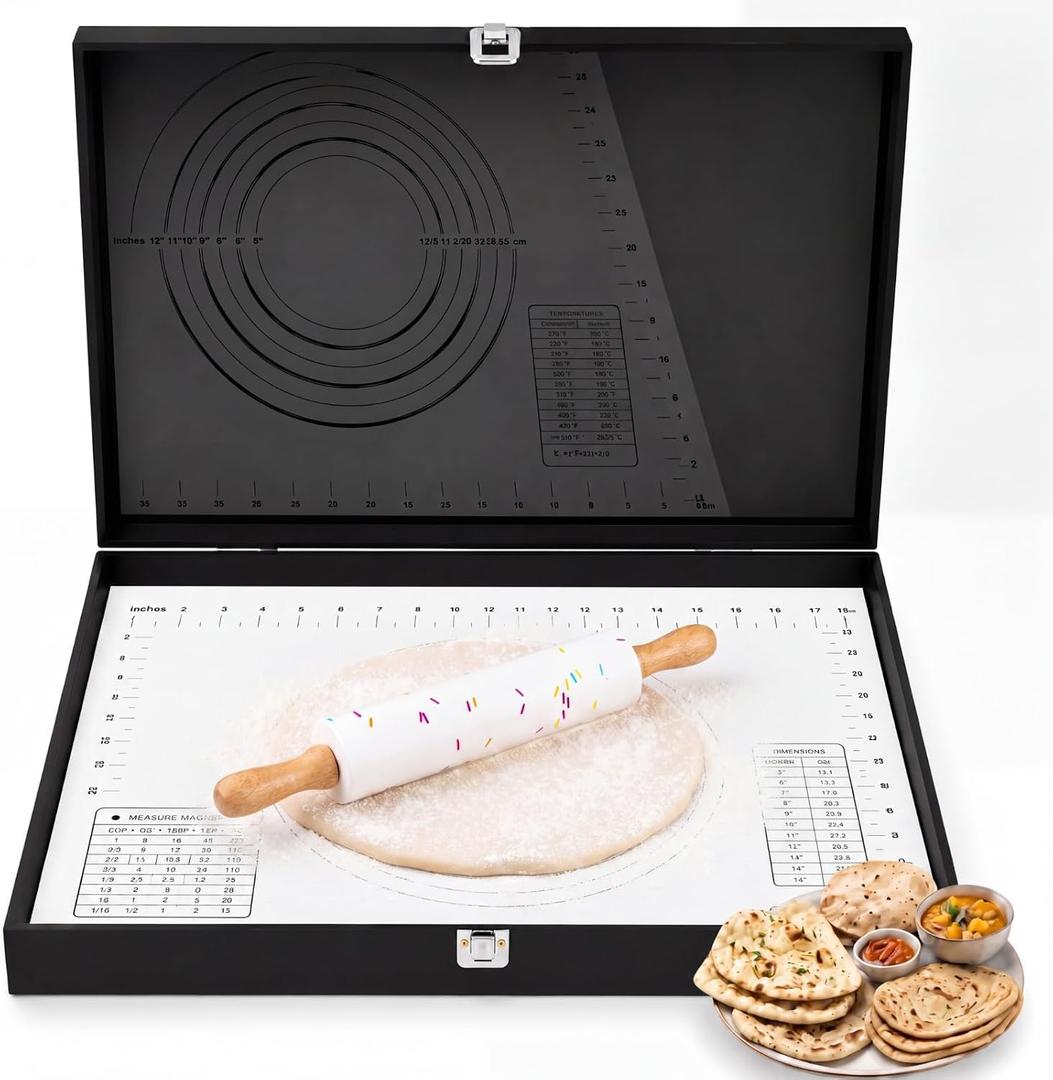 Geetery Roti Box with Lid, Roller, Silicone Baking Mat for Rolling Roti 19.7 x 15.8 x 3 Inch Roller Rotibox, Non Slip Kneading Board for Kitchen Chapati, Paratha, Puri, Dough Pie Crust Pastry