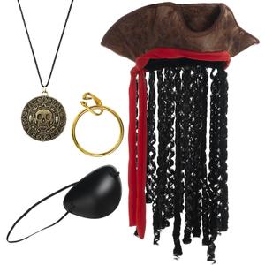 Spooktacular Creations Deluxe Pirate Hat with Dreadlocks, Eye Patch, Earring, Necklace, Tricorn Pirate Hat for Men, Halloween Costume Accessory, Caribbean Fancy Dress Up Brown