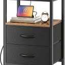 Huuger Nightstand with Charging Station, Side Table with Fabric Drawers, End Table with Open Shelf, Bedside Table with USB Ports and Outlets, Night Stand for Bedroom, Rustic Brown and Black