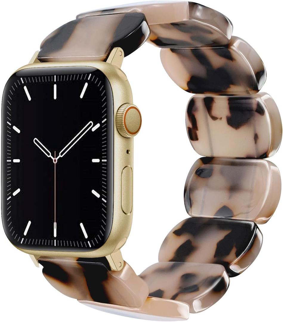Resin Stretchy Watch Bands Women Compatible with Apple Watch 38mm 40mm 41mm 42mm (S11/10) Tortoise Light Bracelet Beaded Elastic Strap for iWatch Series11/10/9/8/7/6/5/4/3/2/1/SE/Ultra (S)