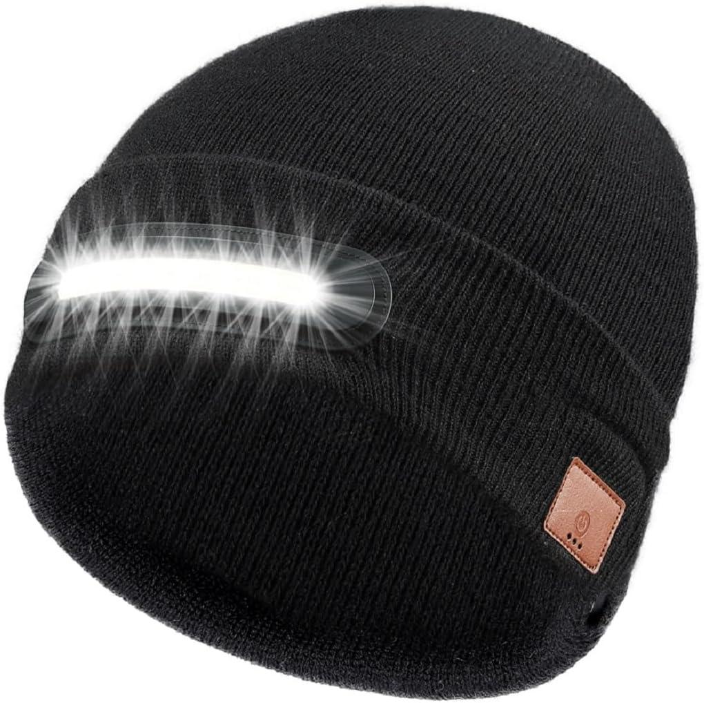 RANCOVY LED Beanie with Light, Unisex USB Rechargeable Headlamp Beanie Flashlight Beanie Hat for Men Women (Black)