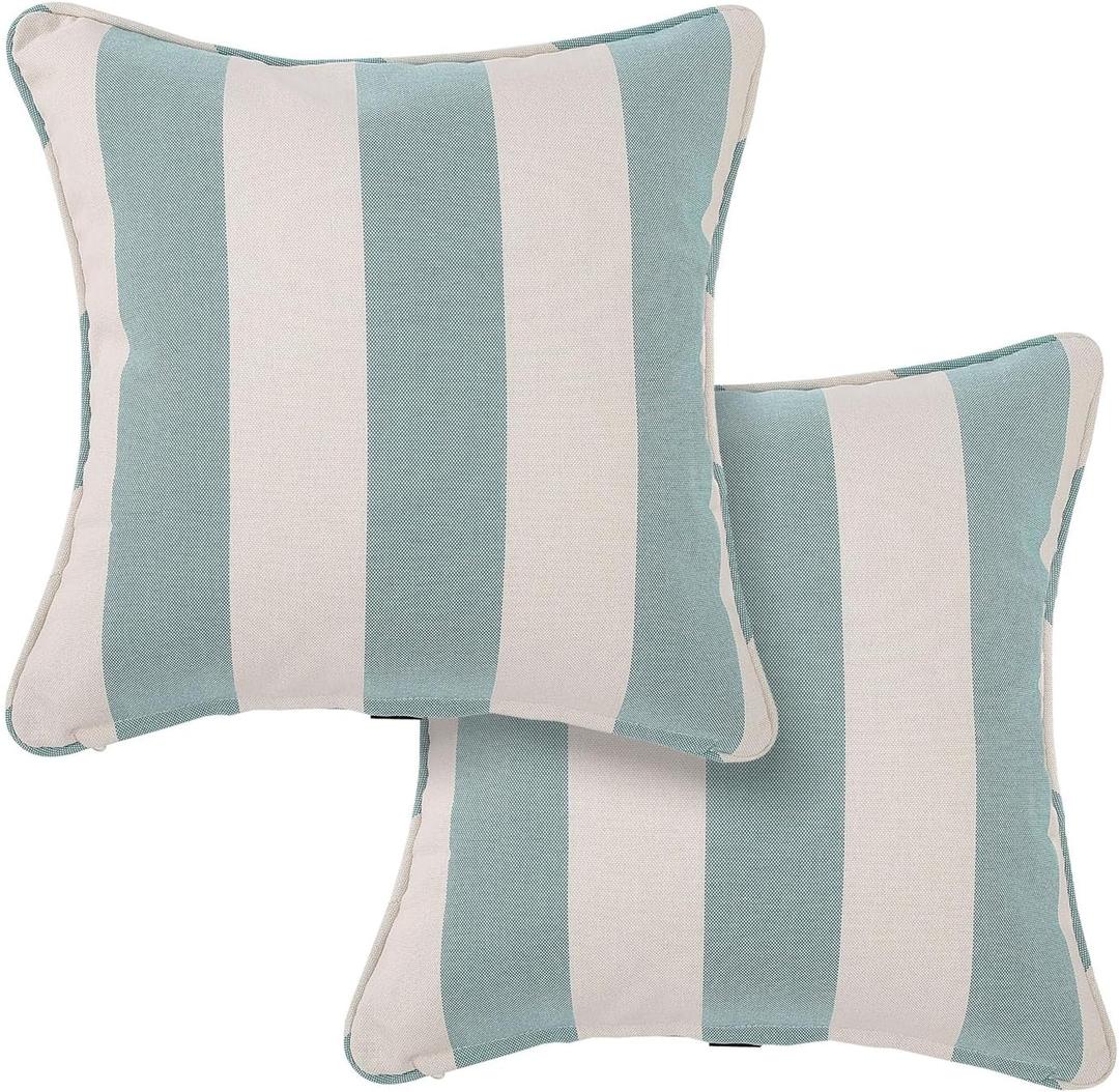 Outdoor Throw Pillow with Insert 18x18 Inch, Set of 2, Piping Edge Waterproof Fade Resistant Decorative Fluffy Pillows for Patio Furniture Chair Bench Couch Sofa - Teal Ivory Striped